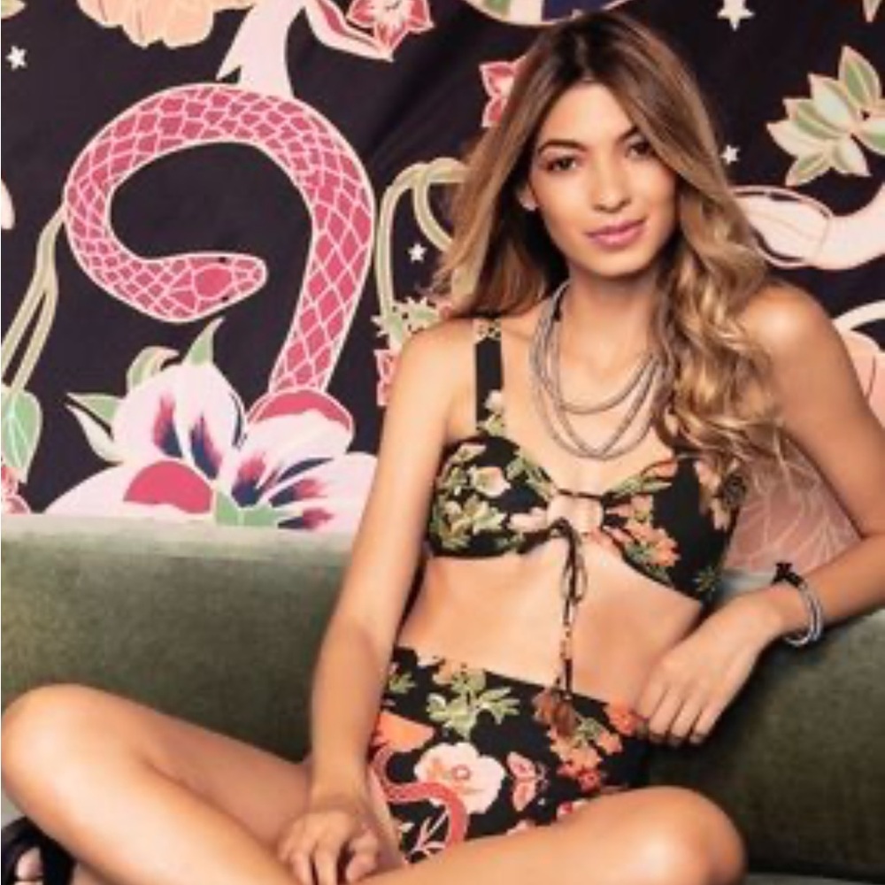 Maaji Black Floral Tie-Front Bikini Top and High-Waist Bottoms